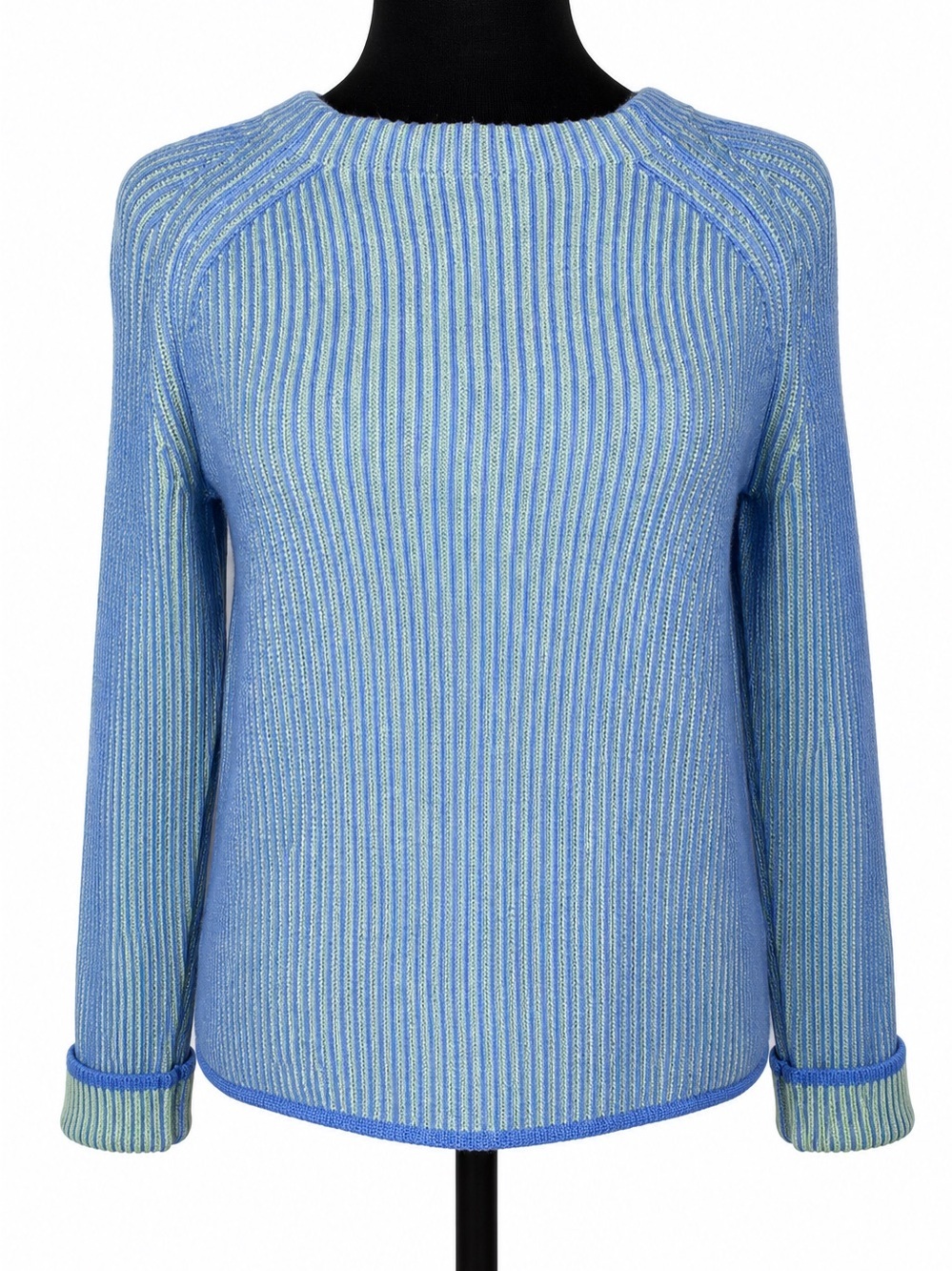 Talbots NWT Ribbed Sweater XS Blue & Green Contrast Knit Cotton Blend Boat Neck